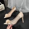 Fashion Wedding Shoes Women 2025 French Bridal Shoes Mesh Top Flower Main Wedding Dress High Heels Bridesmaids Champagne Single  Pumps