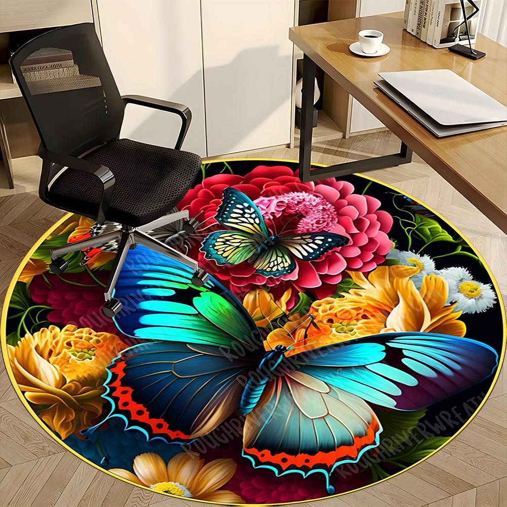 1pc Butterfly Garden Decor Chair Carpet for Office, Round Polyester Mat, Indoor Decor for Office, Washable Non-slip Carpet yy251219063