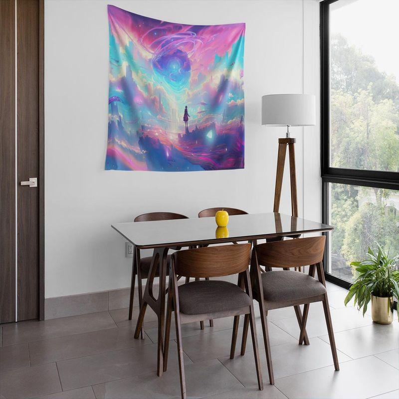 Cyberpunk Sky Metropolis Person Cliff Wall Tapestry Pink Purple Blue Future City Vortex UFO Flying Saucer Fantasy Art