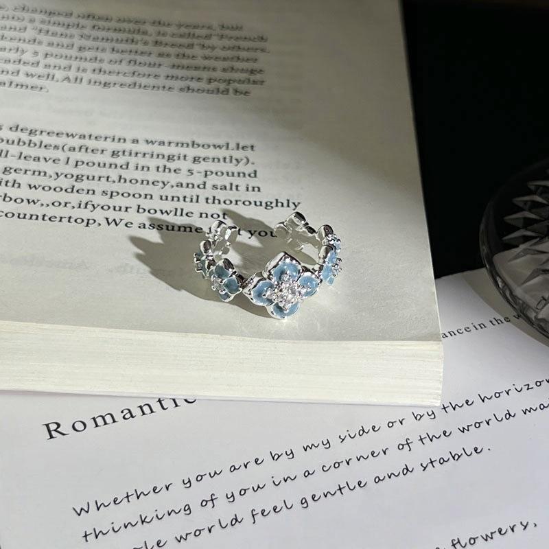 Summer New Glacier‑Blue Gradient Butterfly Flower Light‑Luxury Temperament Open Ring Niche Unique Design Adjustable Index Finger Trend Jewelry