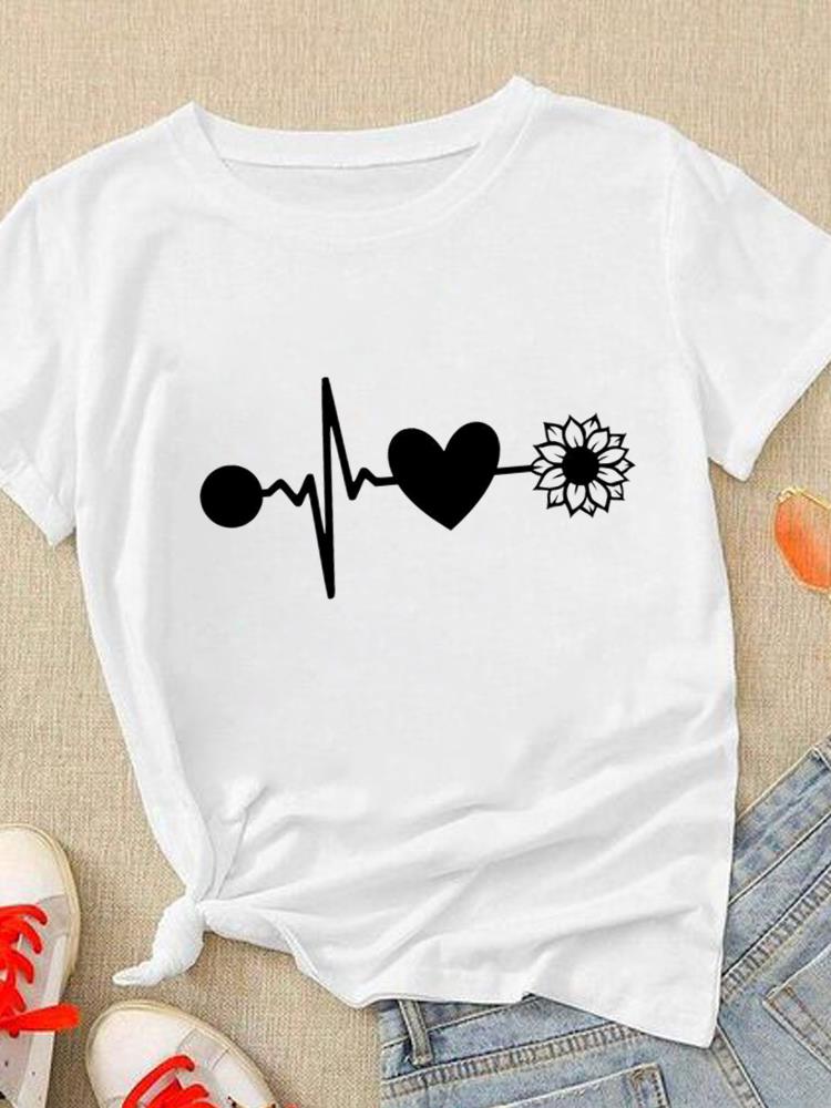 (Азиатский размер) Симпатичная женская модная одежда с надписью Love Heart Trend, повседневная футболка с коротким рукавом, женская футболка с принтом, футболки с графическим рисунком
