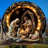 Nativity Scene Wooden Sign 2D Relief Effect of Jesus Round Christmas Ornament for Church Front Door Wall Hanging Decor Ideal