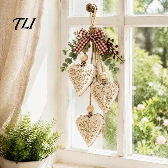 Rustic Office Wall Hanging Heart-Shaped Wooden Decorative Ornaments with LED Light, Farmhouse Heart Pendant Boho Bedroom Accents Vintage Beads & Jute