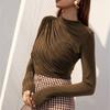 Autumn Women Long Sleeve Elastic Pure Color Going Out Tops Ruched Fashion Elegant Softy Slim Crop Top