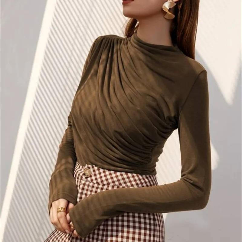 Autumn Women Long Sleeve Elastic Pure Color Going Out Tops Ruched Fashion Elegant Softy Slim Crop Top