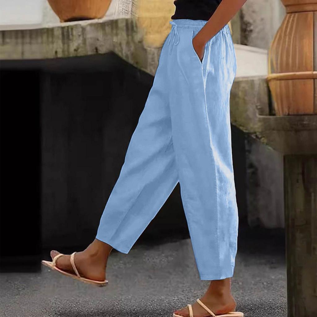Women's Fashion Loose Cotton Linen Solid Color Casual Side Pocket Elastic Drawstring Trousers
