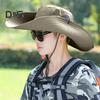 Men Fisherman Hat with 2 Solar Fan Large Brim Windproof Strap USB Charging Anti-UV Sun Protection Waterproof Great Breathability Outdoor Fishing