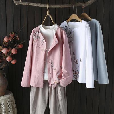 Женский кардиган в китайском стиле с вышивкой и застежкой на пуговицы-лягушки - Весенний ретро-топ из хлопка и льна