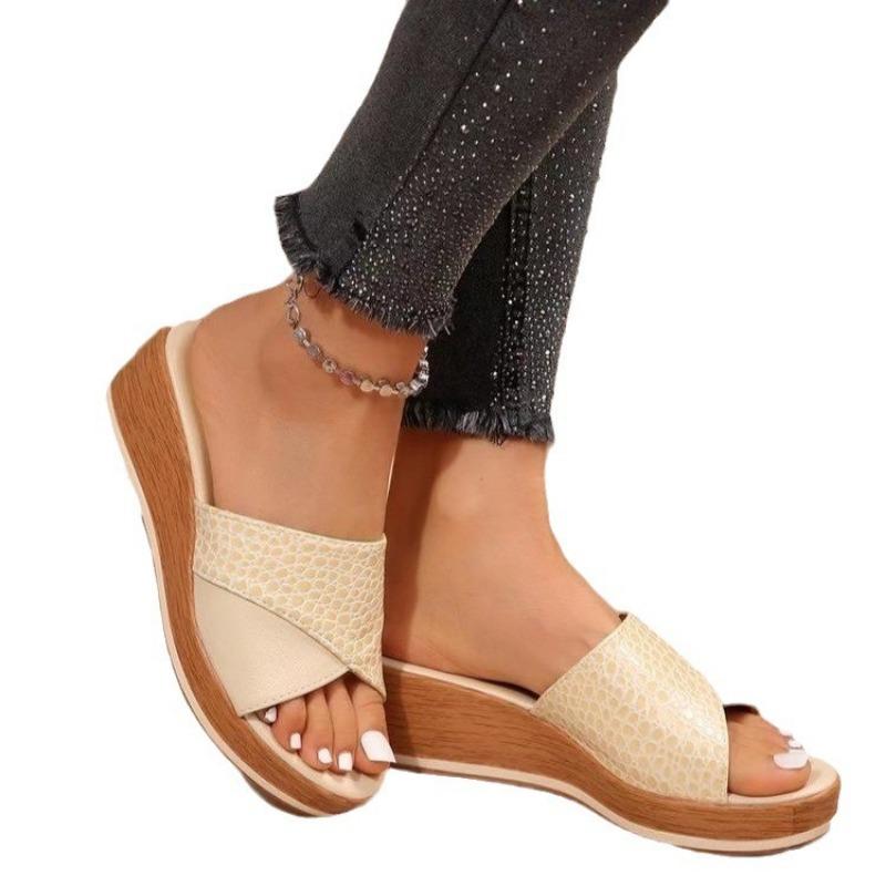 Slope Heel Slippers Women Solid Color Casual Leather Sandals