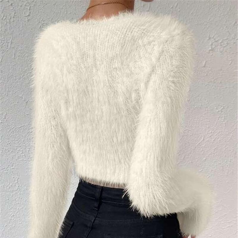 Women‘s Stylish Solid Short Plush Sweater Fall Winter Soft Comfortable Warm Simple Sweater for Lady V-neck Long Sleeve Slim Short Sweater