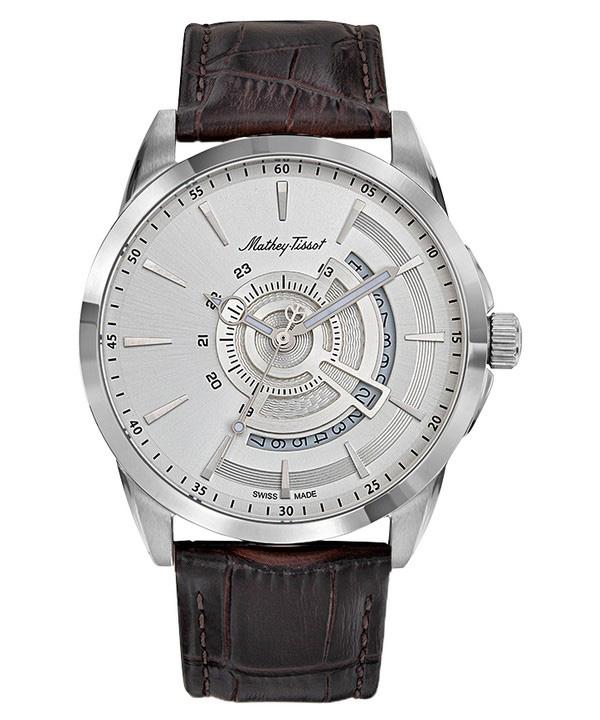 Mathey-Tissot Mondo Кварцевые мужские часы с кожаным ремешком и серебряным циферблатом H711AS