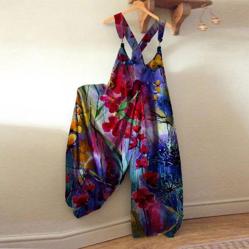 Women's Fashion Summer Sweet Loose Casual Print Retro Strappy Jumpsuit