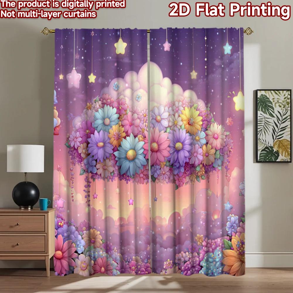 2D flat printing 2pcs Party Curtains Dreamy Cloud Flowers Starry Night Digital Printed Polyester Drapes Festive Curtains for