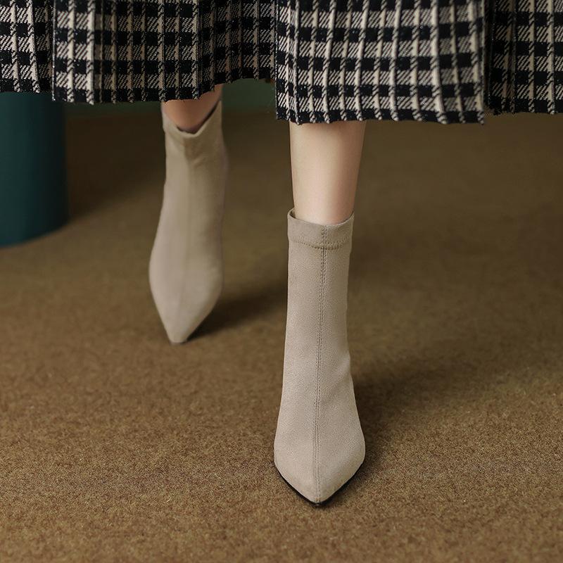 Autumn Winter Women Stretch Sock Boots Fashion Pointed Toe Slim Short Booties Ladies Concise Thick Heels Shoes