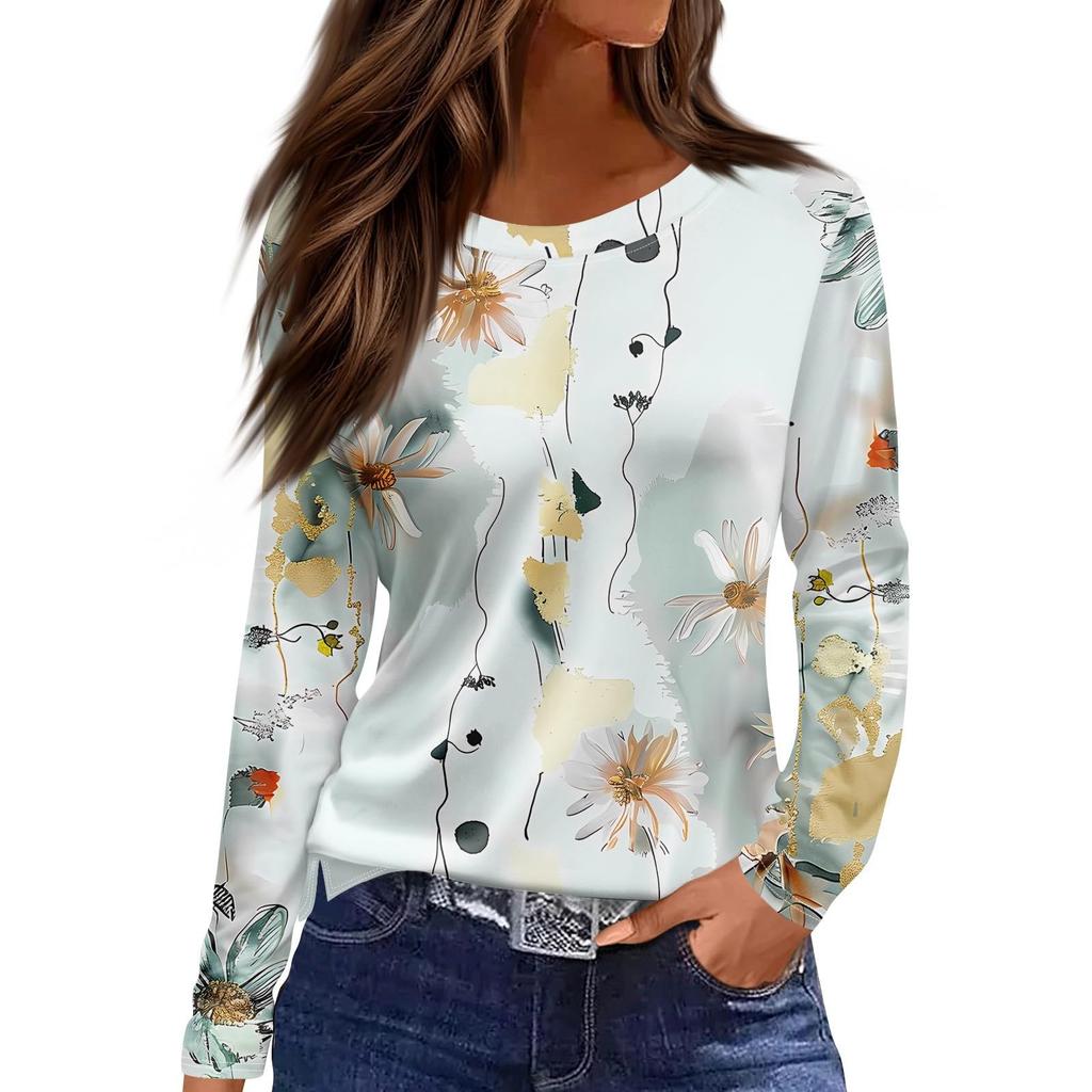 Women's Casual T-shirt 3D Printed Floral Floral Print Round Neck Retro Elegant Long Sleeves Women's Fashion Pullover Long Sleeve