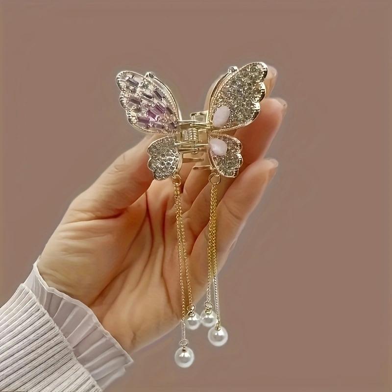 1PC Zinc Alloy Rhinestone Butterfly Hair Ornament, Elegant and Delicate Imitation Pearl Headdress, High-end Retro Hair Clip, Sui