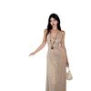 Sexy Collar Suspender Dress Women's Summer Waist Temperament Sequined Skirt High-end Evening Dress Mopping Dress