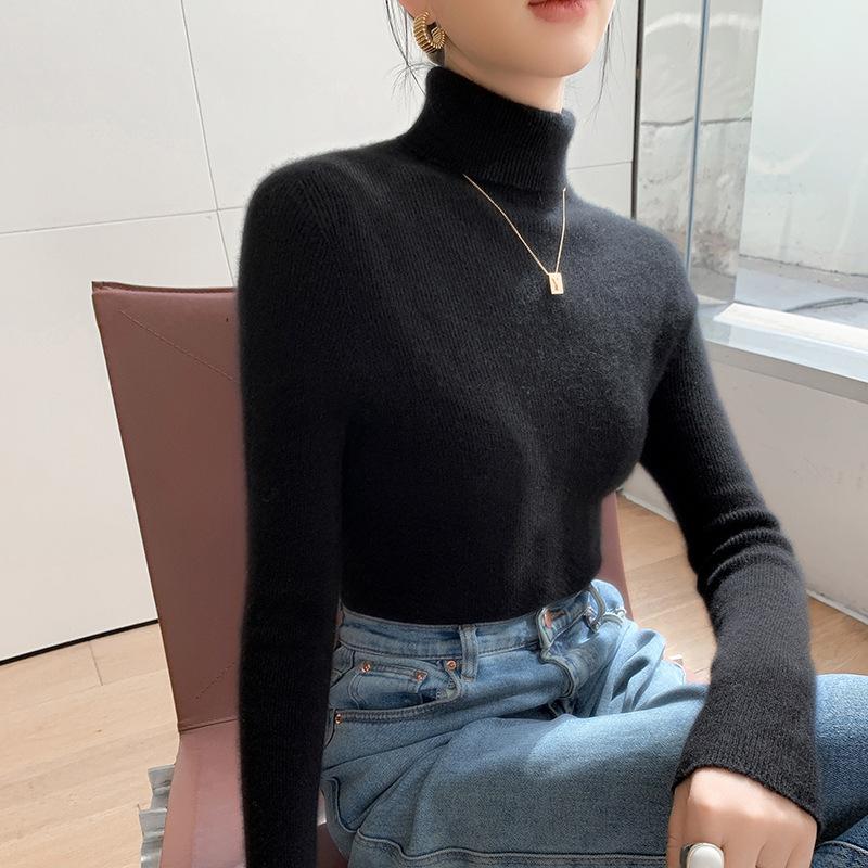 Women's Slim Fit Wool & Cashmere High Neck Sweater - Seamless, Solid Color for Autumn/Winter.