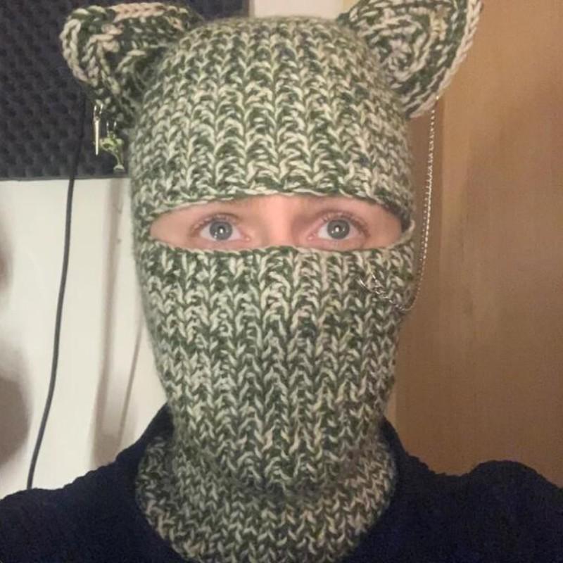 Handmade Knitted Cat Ear Pullover Hat Autumn and Winter Striped Cute Woolen Hat