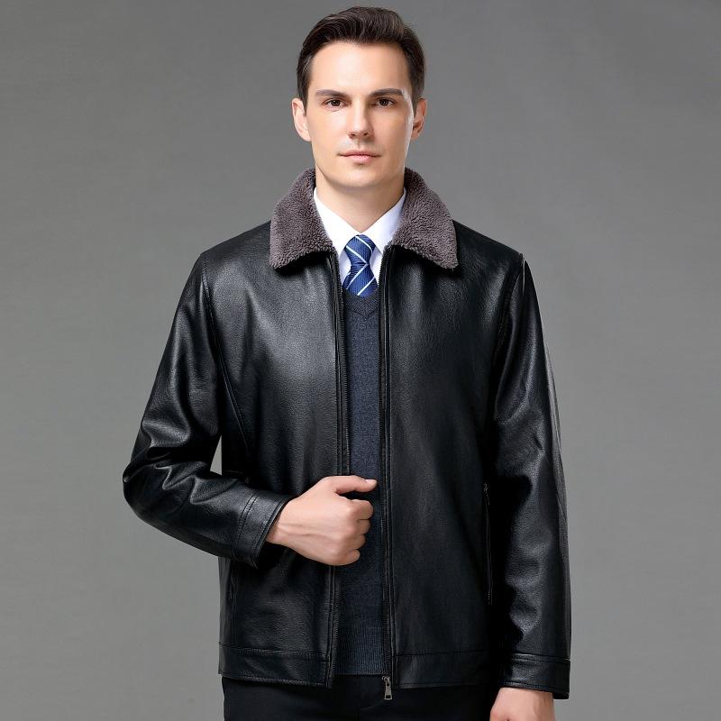 Leather Jacket Men's Autumn and Winter Plus Velvet Fur One-piece Men's Coat Lapel Plus Fat Enlarged Men's Leather Jacket