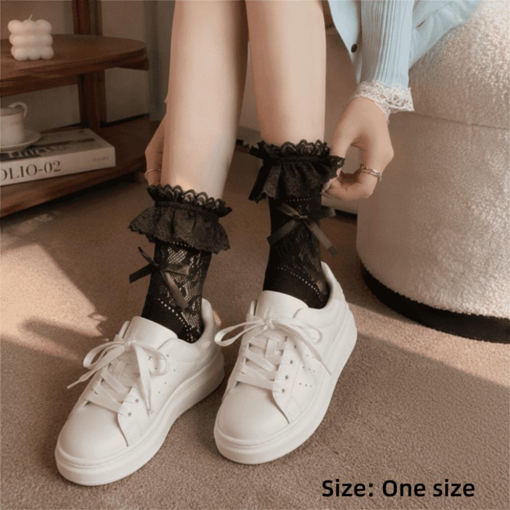 Solid Color Mid-Tube Socks Sweat Absorbent Stocking High Quality Lace Bow Socks for Women