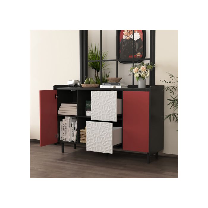 Armoire de rangement noire avec portes rouges, dotée de deux tiroirs au style unique et de deux compartiments de rangement ouverts.