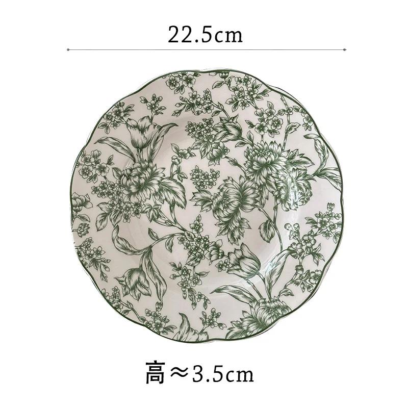 Винтажная рельефная керамическая тарелка Зеленый креативный цветок Обеденные тарелки Бытовая вкусная посуда Подносы Изысканные суповые миски Столовая посуда