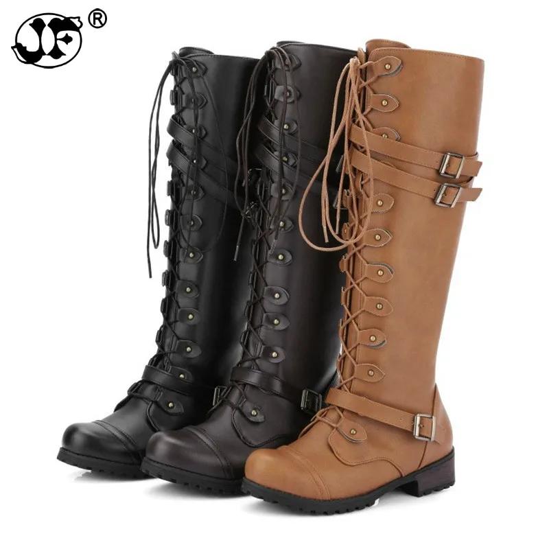 Сапоги в римском стиле на шнуровке до колена, зимние женские туфли на платформе, большие размеры 35-43, однотонные Botas Mujer fgb789