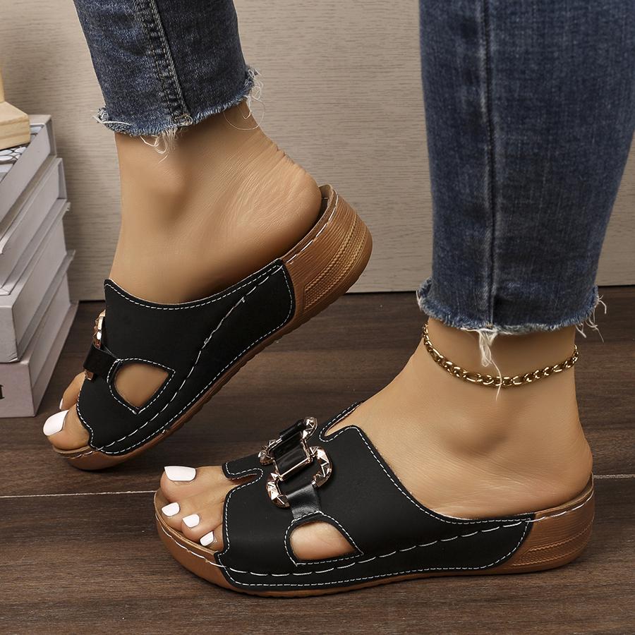 Summer Round-toe Wedge Comfortable Open-toe Casual Slippers Fashionable Thick-soled Large-size Fish Mouth Slippers For Women