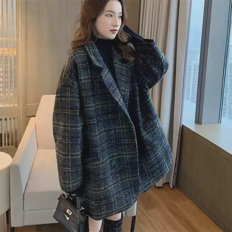 Women's Mid-Length Plaid Tweed Jacket - 2023 Fall/Winter Collection
