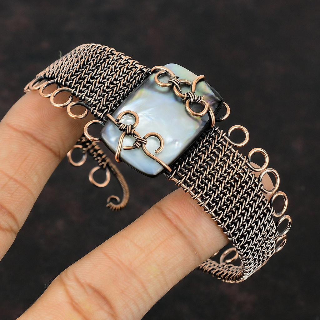 Black Mother Of Pearl Bangle Copper Wire Wrapped Cuff Bracelet Gemstone Adjustable Bangle Handmade Bracelet Gift For Him Copper Wire Jewelry