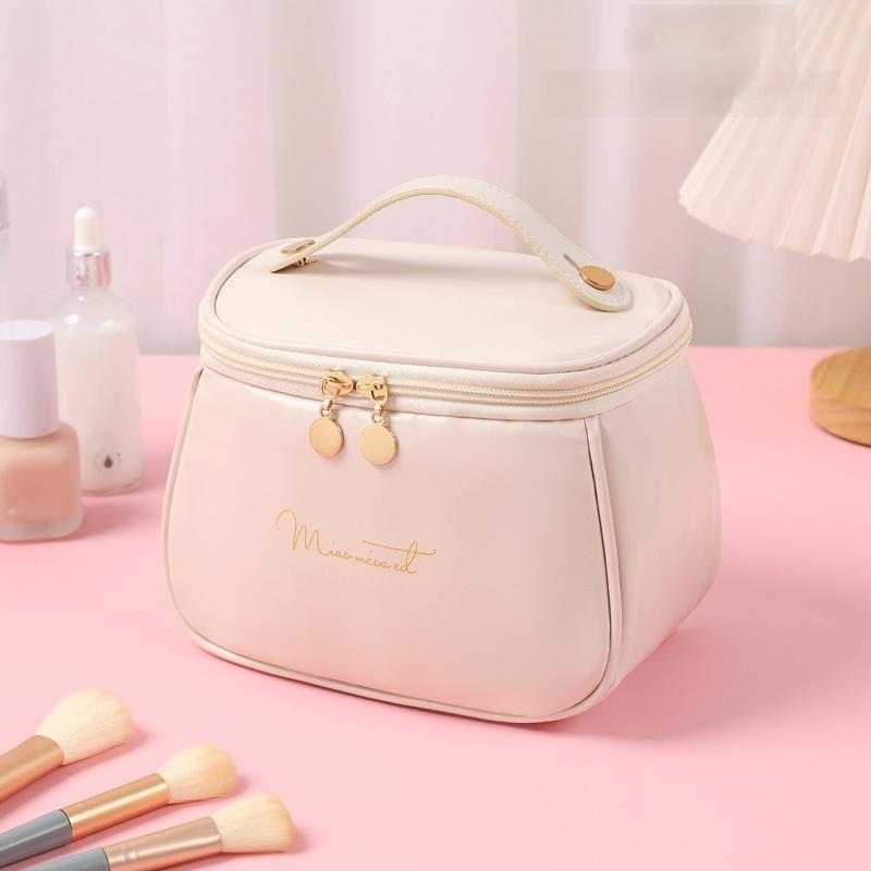 Stylish PU Leather Toiletry Organizer Bag, Large Capacity Makeup Pouch with Built-in Brush Slots