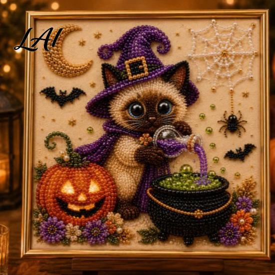 DIY Bead Art Crafts Halloween Witch Hat Cat 3D Pearl Painting Kit with Frame Hand-Pasted Craft for Adults Relaxing Handmade Kits Mosaic Home