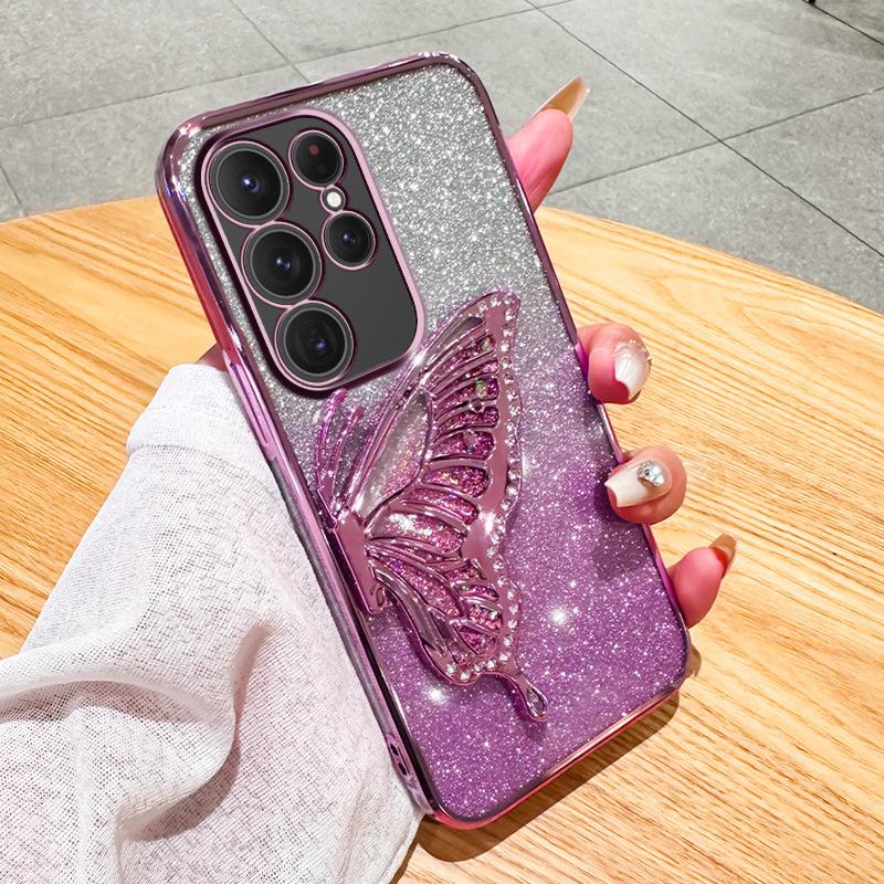 Подходит для чехла мобильного телефона Samsung S25U гальванический блеск S24 новый note20 силиконовый чехол A56 кинетический песок бабочка роскошный