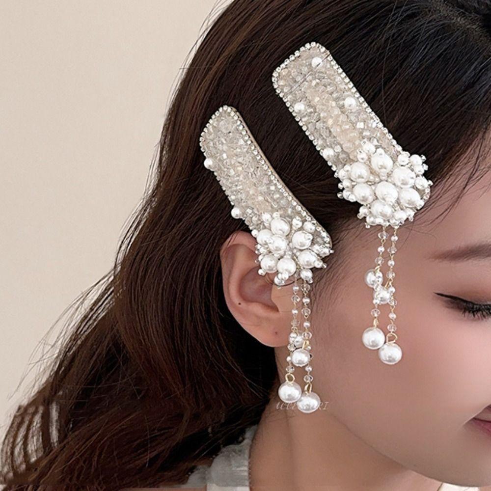 Elegant Bling Crystal Hairpins Vintage Chinese Style Side Clip Pearl Tassel Barrettes Bride