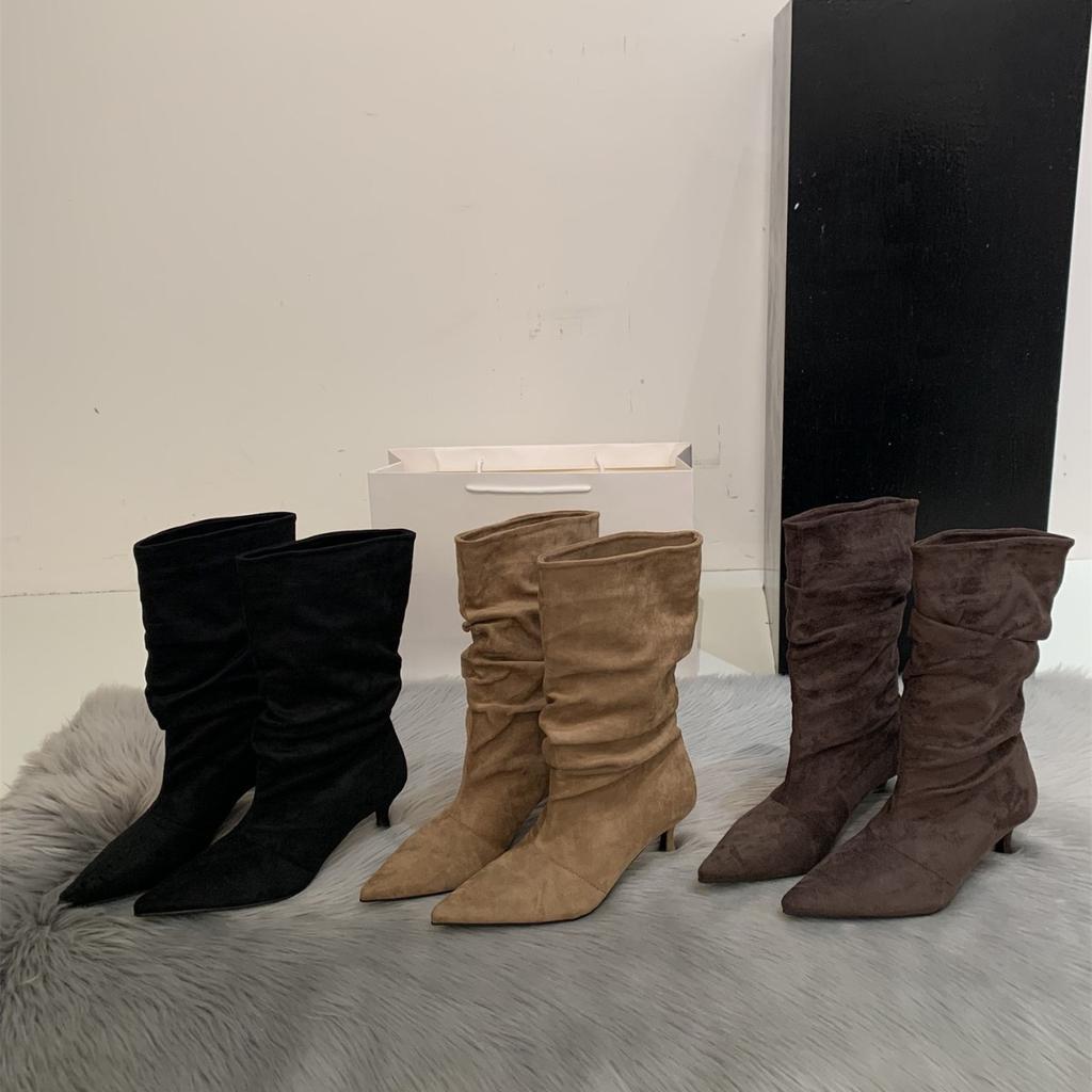 Новые женские ботинки-всадники средней высоты, весенне-осенние, тонкие, на тонком каблуке, с острым носком, короткие, узкие, на высоком каблуке, ботинки Мартина, накладные ботинки