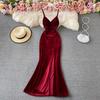 Sexy Deep V-Neck Backless Split Dress Women Off Shoulder Fashion Vintage Evening Party Dresses Lady Red Korean Strap Design Slim Dress 2024