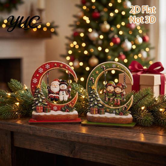 Compact Festive Tabletop Accents Wooden Christmas Tree Ornament, Santa Snowman Reindeer Crescent Moon Swing Desktop Ornament Decor for Home