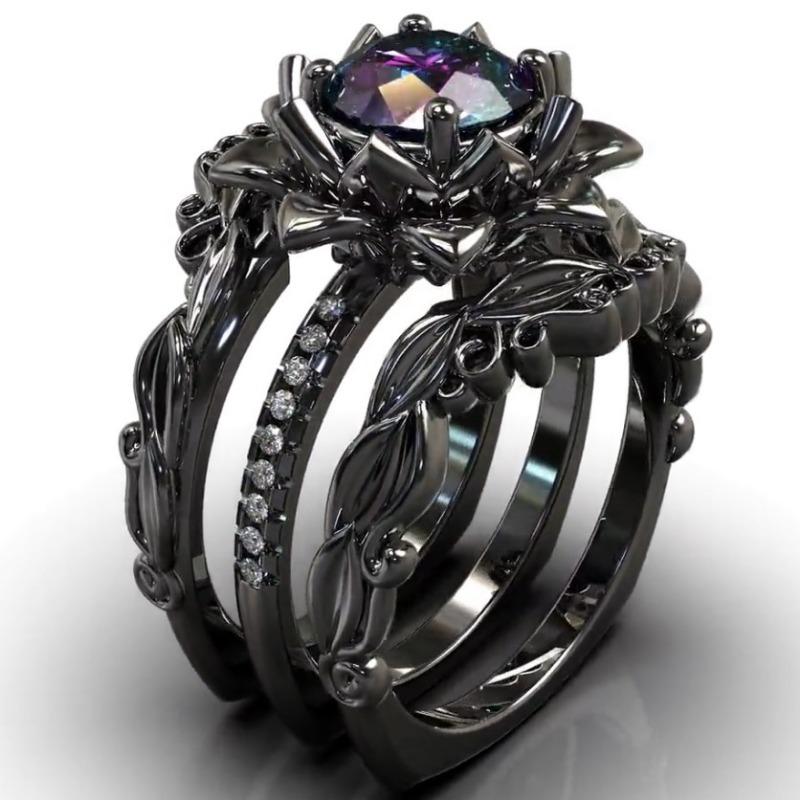 Кольцо Gun Black Ring из трех частей для женщин с инкрустацией розой из циркона