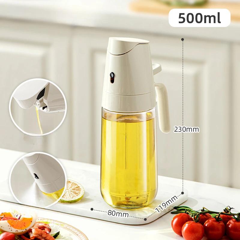 2in1 Oil Spray Bottle 500ml High Borosilicate Glass Cooking Oil Dispensers Olive Oil Sprayer Mister for Air Fryer Salad Baking