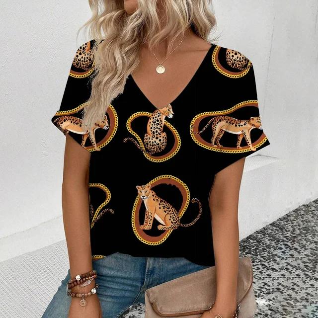 Summer Clothing V-neck Sexy Leopard 3D Print T-shirt Animal Pattern Women's Shirt Short Sleeve Street T-shirt