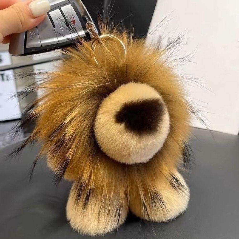 Cute Cartoon Rabbit Fur Keychain Small Lion Alloy Key Ring Pompon Bag Car Key Pendant