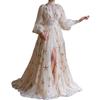 Elegant Long Sleeve Chiffon Maxi Dress With Sequins High-Low Hem Flared Skirt V-Neck Office Party Wedding