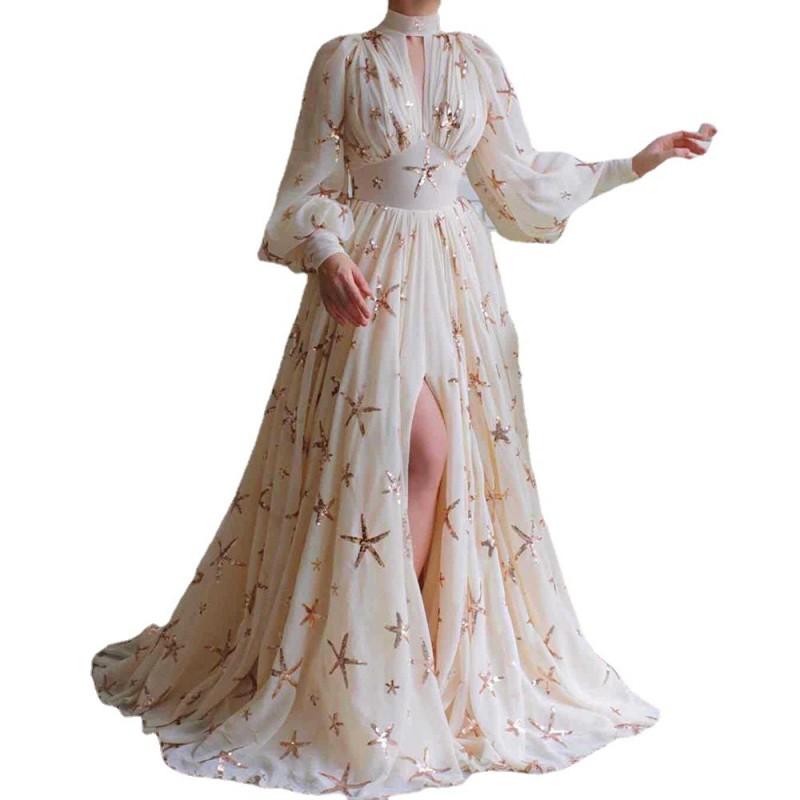 Elegant Long Sleeve Chiffon Maxi Dress With Sequins High-Low Hem Flared Skirt V-Neck Office Party Wedding