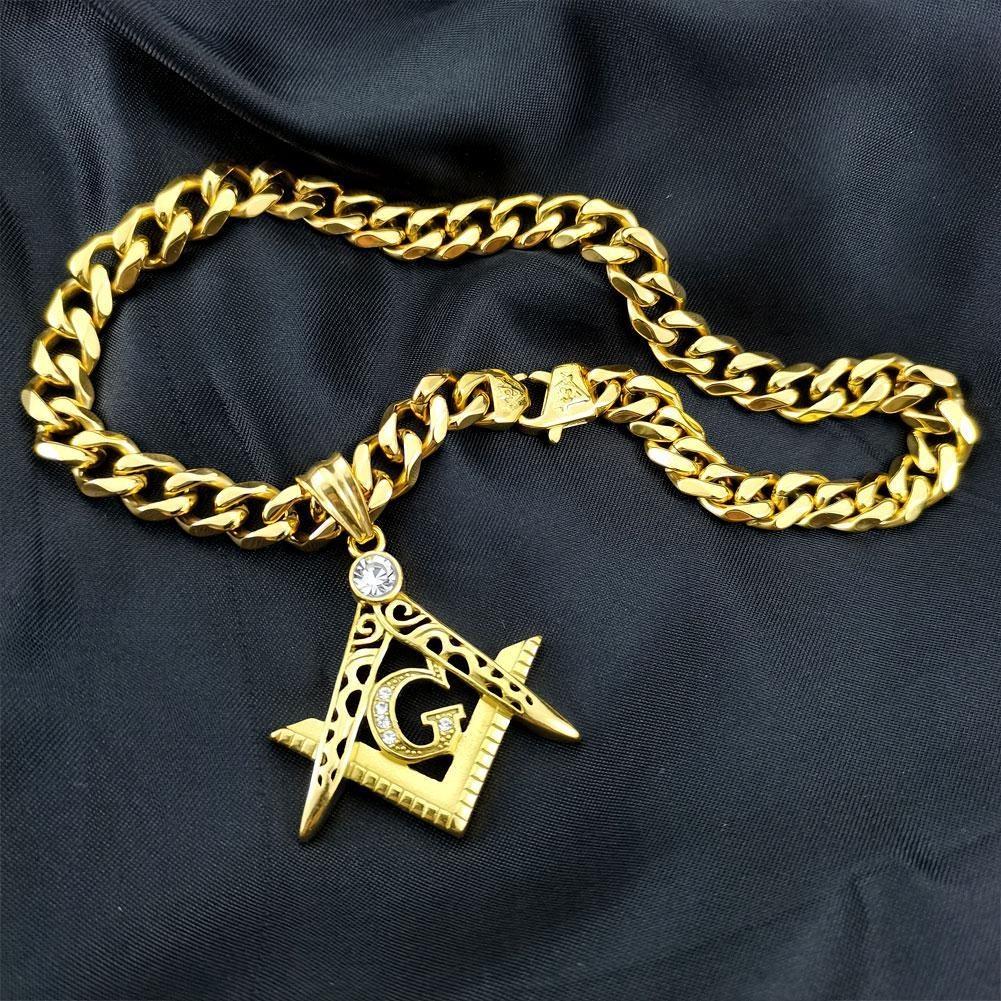Ожерелье с подвеской из стразов, ширина 11 мм, желтое, мужское, женское, масонство, масонское, масон, нержавеющая сталь