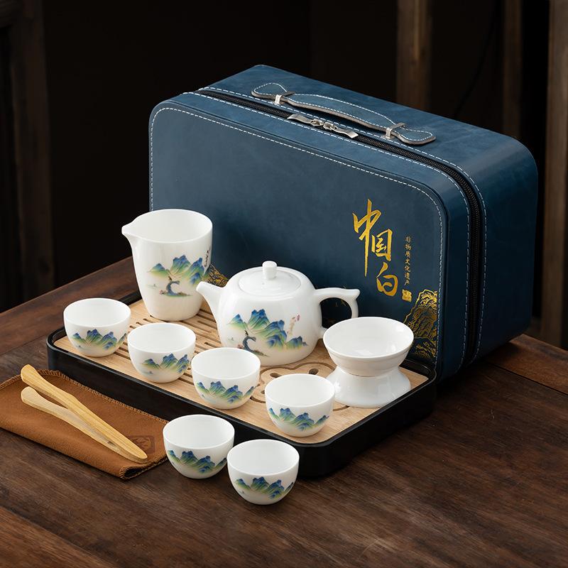 Suet Jade White Porcelain Kung Fu Tea Set Jinglan Pot Teacup Travel Tea Set Business Gift Gift Box Gift