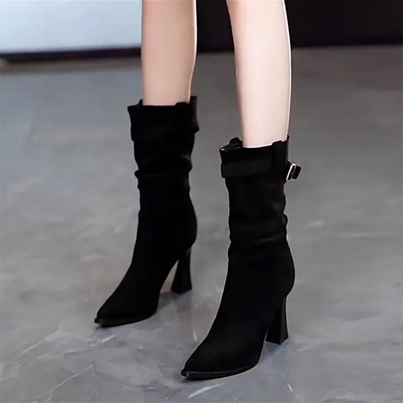 Fashion Pleated High-heeled Mid-calf Boots for Women 2025 autumn/Winter New Style Pointed-toe Stiletto Boots, Elegant Short Boots