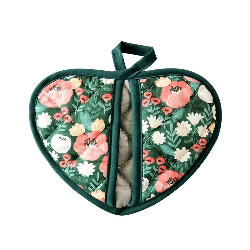 Цветочные хлопковые пекарские перчатки с принтом для духовки, для домашнего использования, кухонные, термостойкие, ручной зажим в форме сердца, теплоизоляционная подставка