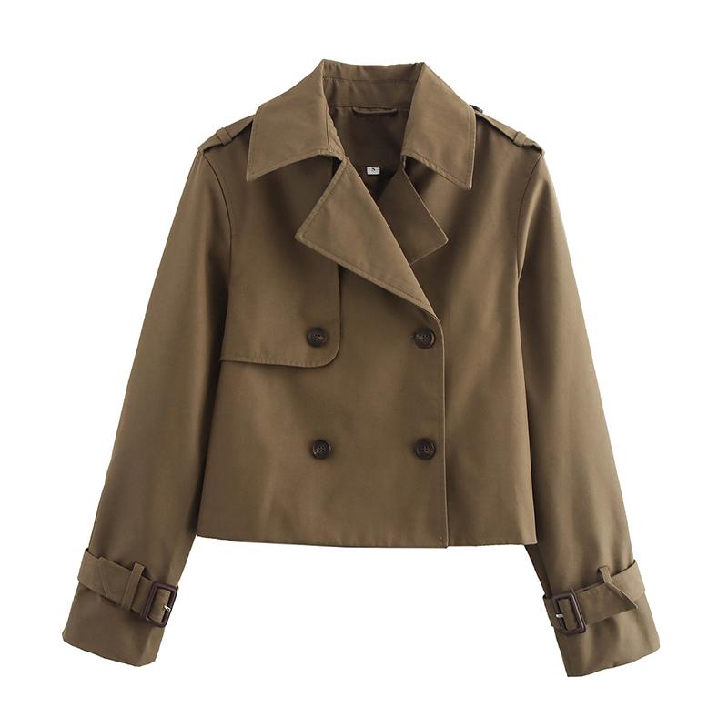 YENKYE New Autumn Women Solid Cropped Trench Coat Vintage Double Breasted Long Sleeve Short Jacket Lapel Collar Windbreaker