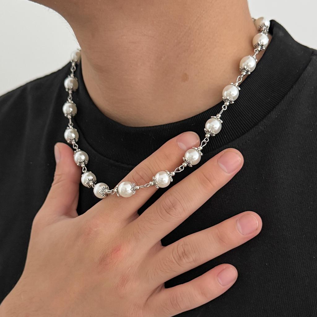 SHIXIN Hip Hop Colourful Beaded Chain Necklace for Men New Fashion Smooth Imitation Pearl Choker Male Jewelry Neck Accessories